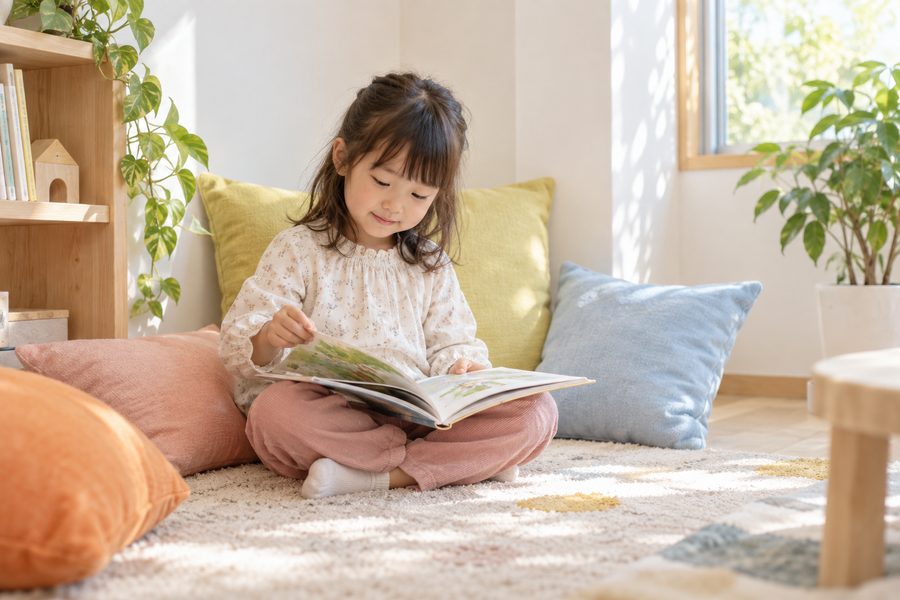 クッションに囲まれた落ち着けるスペースで、ひとりで絵本を読む女の子