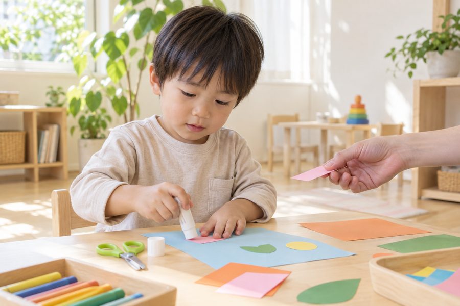 色画用紙で工作をする男の子と、材料を差し出す大人の手