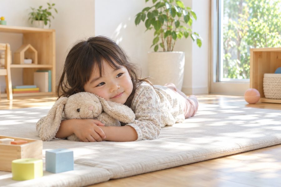 マットの上でうさぎのぬいぐるみを抱えてくつろぐ女の子
