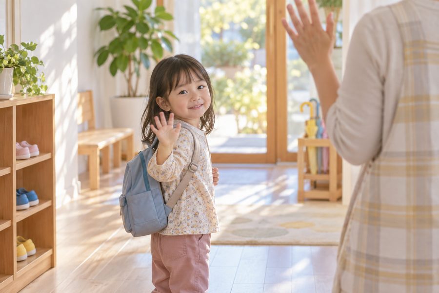 リュックを背負って振り返り、手をふる女の子