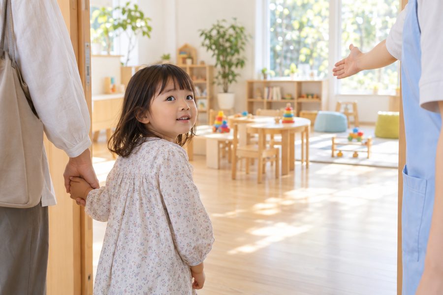保護者と手をつないで、明るいプレイルームをのぞきこむ女の子