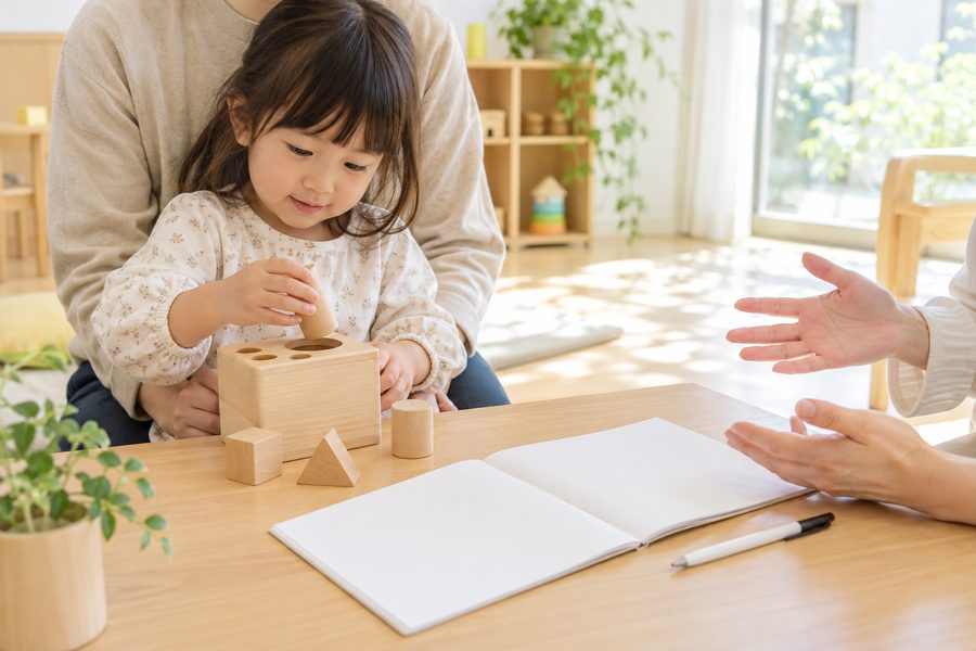 保護者のひざの上で木のおもちゃで遊ぶ女の子と、白紙のノートを前に話す大人の手