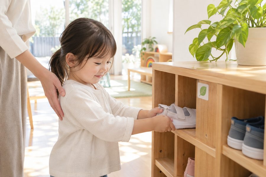 自分の靴箱に上履きを入れる女の子と、背中に添えられた保護者の手